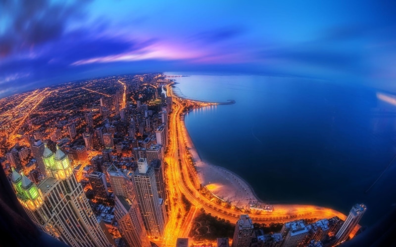 land, cityscape, outdoors, sea, 1080P, fisheye lens, beauty in nature, water, city, no people, architecture, aerial view, building exterior, cloud - sky