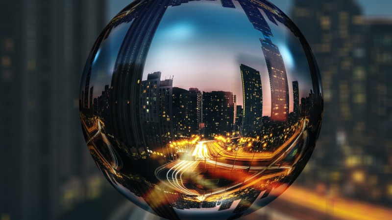time, transparent, office building exterior, skyscraper, sky, lights, outdoors, orange, cityscape, sphere, close-up, fisheye lens, architecture, building exterior