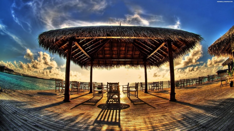 sunlight, brown, day, 1080P, architecture, cloud - sky, built structure, beauty in nature, wood - material, sky, building exterior, sea, gazebo, inside