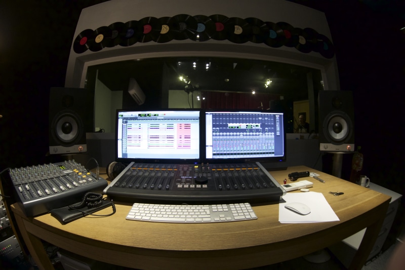 audio equipment, control, two, indoors, sound recording equipment, equipment, fisheye lens, illuminated, table, computer, mixing, electrical equipment