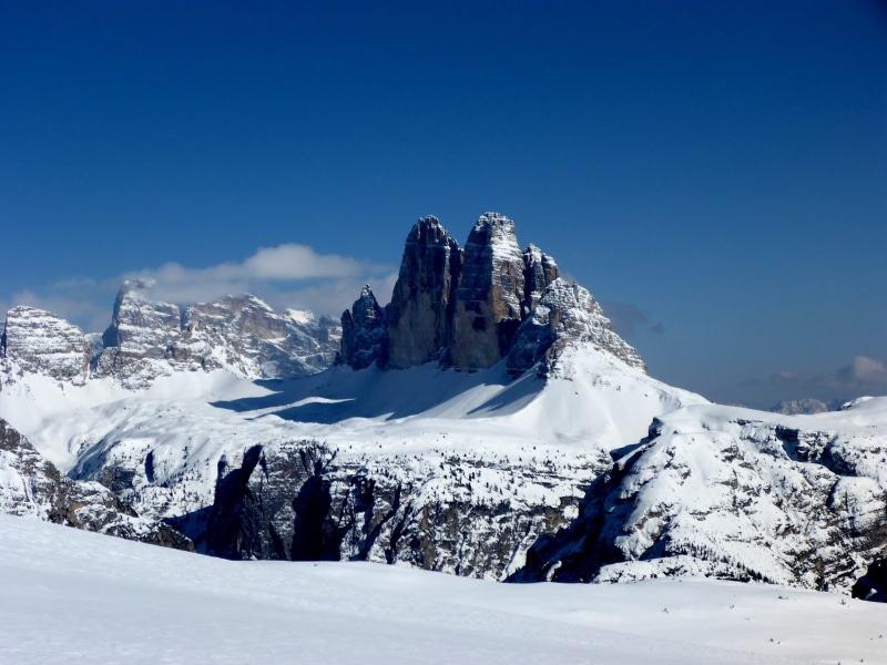 scenics - nature, drei zinnen, extreme weather, sky, cold temperature, snow, 2K, idyllic, snowcapped mountain, beauty in nature, blue, italy, sunlight