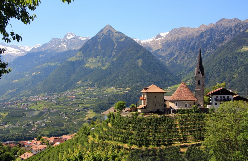 scenics - nature, environment, bavaria, Merano, village, summer, scenics, sunlight, town, sky, concrete, europe, plant, hill, nature, austria, cultures