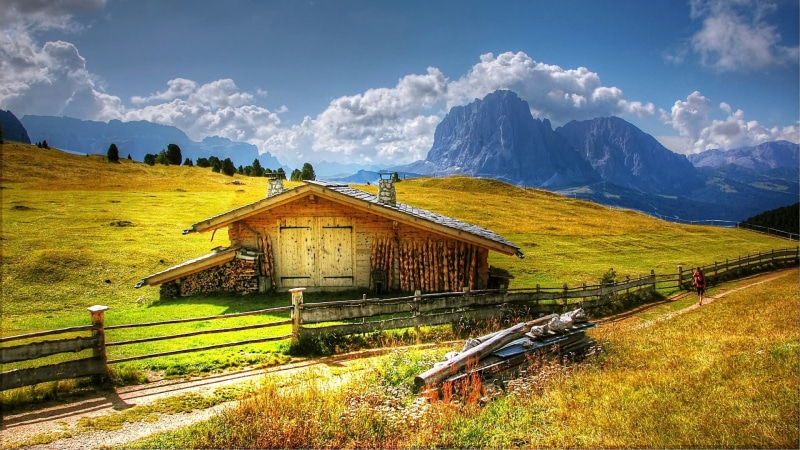 log cabin, scenics - nature, sky, italy, valgardena, field, langkofel, non-urban scene, no people, village, beauty in nature, cloud - sky, grass, tranquil scene