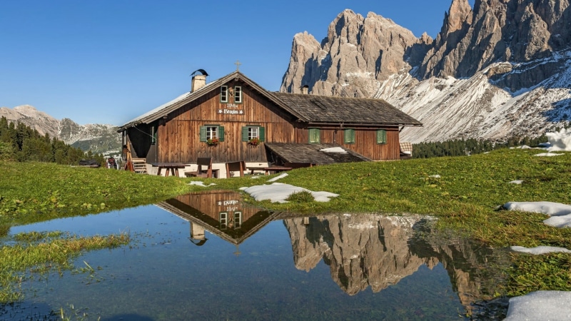 no people, peak, laion, building, nature, mountain, malga brogles, alps, mountain range, reflected, sky, 1080P, italy, day, brogleshutte, puddle, hutte