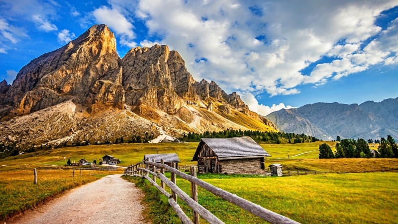 mountainous landforms, wurzjoch, mountain village, mount scenery, cloud - sky, built structure, dolomites, wilderness, landscape, mountain range, nature