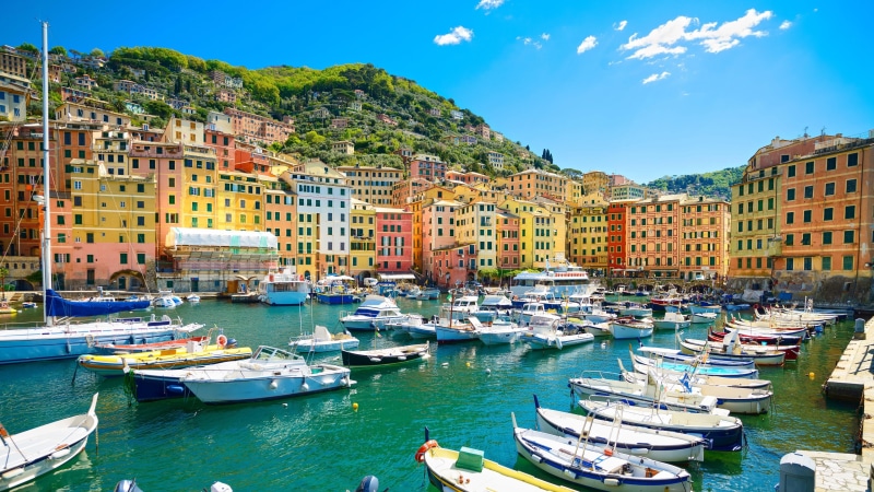 architecture, sea, sky, boat, outdoors, liguria, building, coast, waterfront, sailboat, tourism, building exterior, nature, 4K, water, marina, italy, camogli