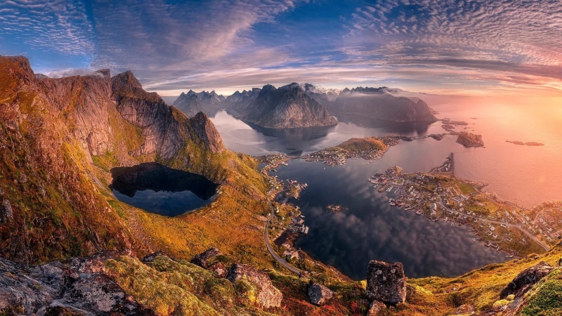 landscape, view, terrain, dawn, sun, reinebringen, sky, environment, crater lake, moskenesoya, outdoors, pine tree, travel, fog, 1080P, land, sunset, reine