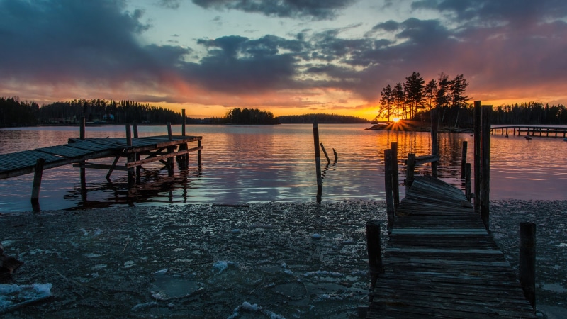 sky, europe, lake, reflection, lakeside, horizon, dusk, pier, dock, abandoned, eu, tree, cloud, savonlinna, evening, nature, 4K, finland, shore, sunset