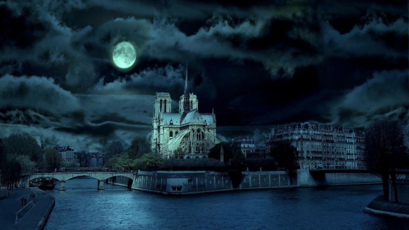 notre dame de paris, paris, moonlight, darkness, water, france, cityscape, river, cloud, seine, full moon, sky, eu, cathedral, moon, architecture, notre dame cathedral