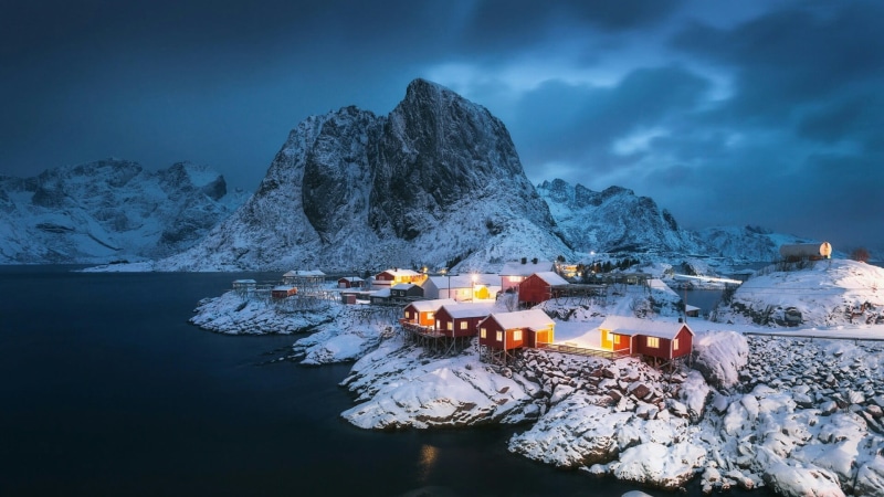 snow, fjord, red huses, sky, illuminated, travel, snowcapped mountain, mount scenery, mountain, dusk, travel destinations, glacial landform, holiday, night