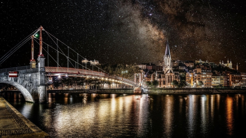 bridge - man made structure, starry sky, water, outdoors, cityscape, connection, bridge, eu, saone river, vieux lyon, astronomy, transportation, arch bridge