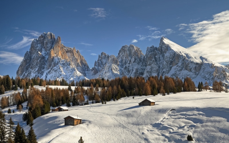 winter, trees, forest, 2K, landscape, snow, mountains, cabin, Seiser Alm, nature, sky