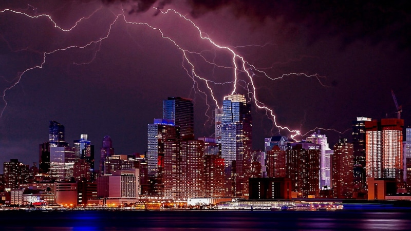 thunder, night, illuminated, cloud - sky, building exterior, downtown, building, darkness, city, skyscraper, cityscape, metropolis, storm, outdoors, power