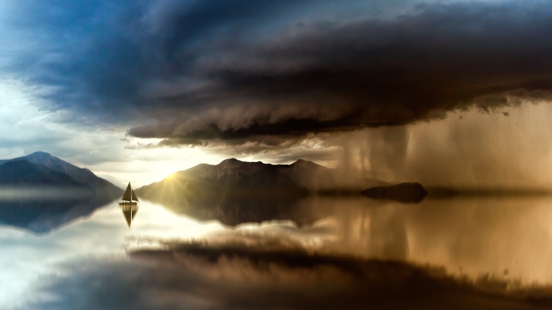 sunbeam, mood, panorama, ocean, power in nature, sea, outdoors, forward, scenics - nature, tranquility, nature, sunset, water, cloud - sky, mountain, clouds