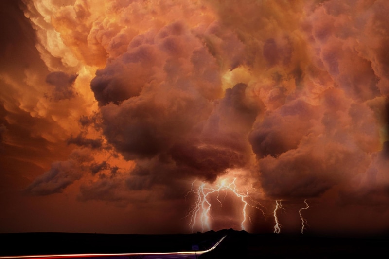 dark clouds, lightning, dark, nature, orange, storm, 3d and abs, 1080P, clouds, stormy, intense, lightening, trail