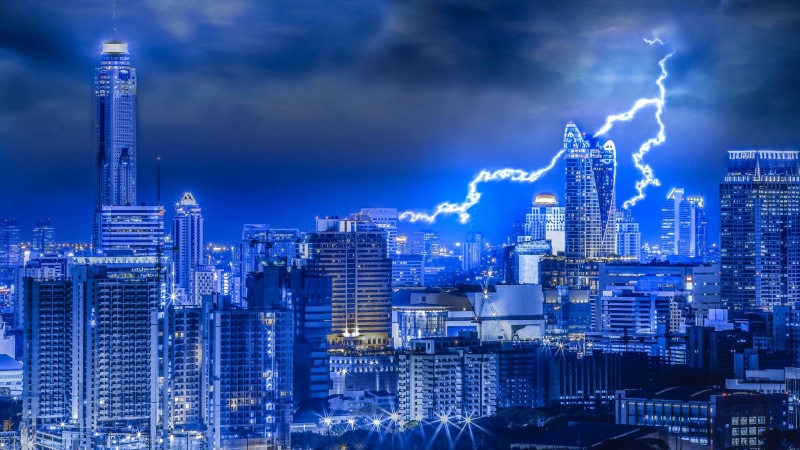 blue light, weather, cityscape, cloudy, city lights, 4K, lightning, strike, storm