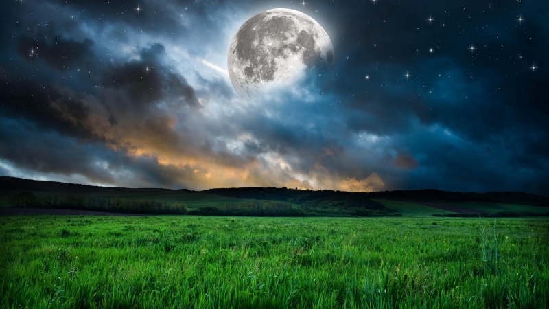 dream, night, nature, moon, stars, fantasy, grassland, field, grass, sky, mood, meadow, landscape, 4K, atmosphere