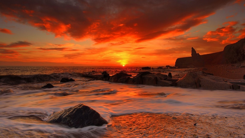 morning, wave, horizon, red sky, 4K, dawn, coast, shore, sea, sky, beach, sunrise