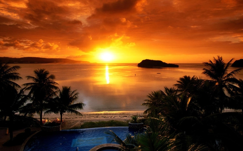 1080P, tranquil scene, no people, sky, scenics - nature, idyllic, outdoors, photo, tropical climate, water, beach, tree, palm tree, swimming pool, beauty in nature