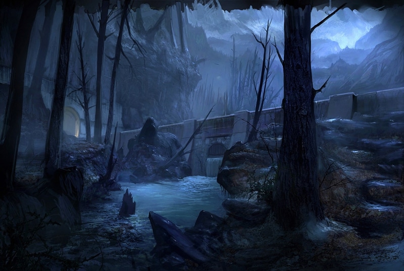 night, mood, castle, forest, landscape, tagme, gothic, river, 1080P, trees