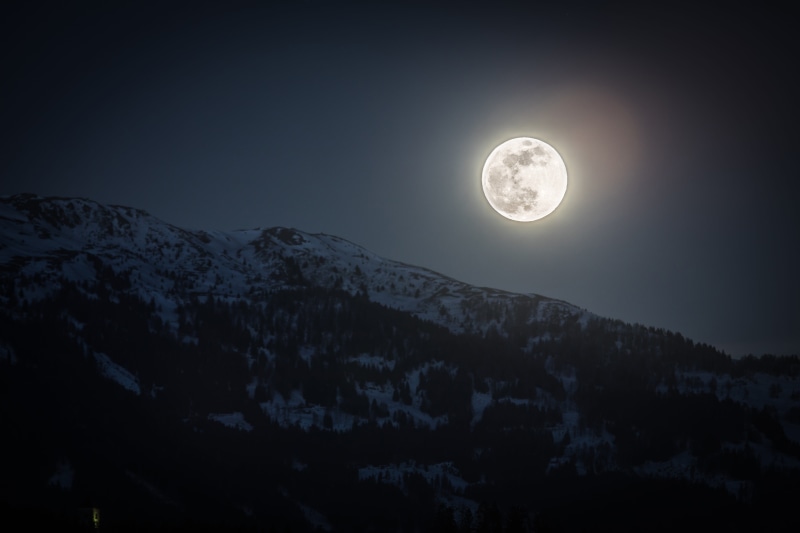 scenics - nature, moon, circle, moonlight, geometric shape, full moon, space, magic, dark, no people, evening, snowcapped mountain, outdoors, mountain