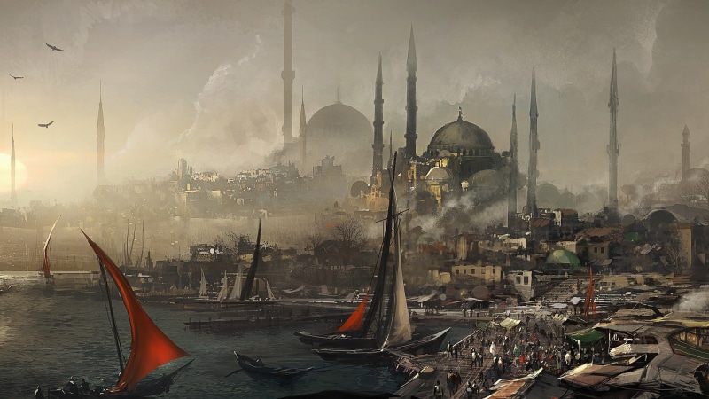 nature, sailing, Assassins Creed, place of worship, architecture, transportation, sky, body, dome, city, travel, tower, painting, Turkey, fantasy art, 1080P