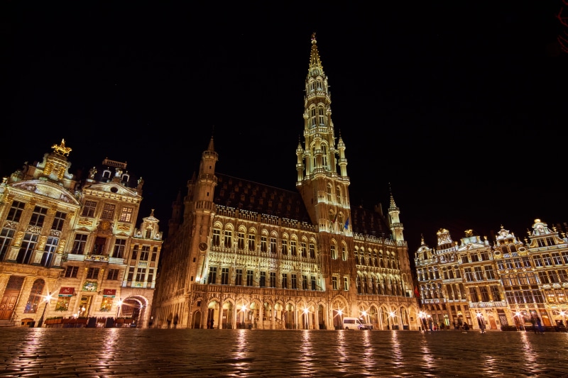 no people, city, town hall, tourism, belgium, architecture, night, government, tower, sky, brussels, gothic style, night photograph, landmark, grand place