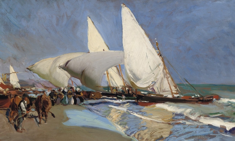 Beach Of Valencia, boat, Joaquin Sorolla, shore, 2K, seascape, sail, picture