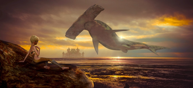 hammerhead shark, female, mystical, composing, watching, sky, mood, atmosphere, cloud - sky, full length, vertebrate, fantasy, clouds, dream, girl, digital composite