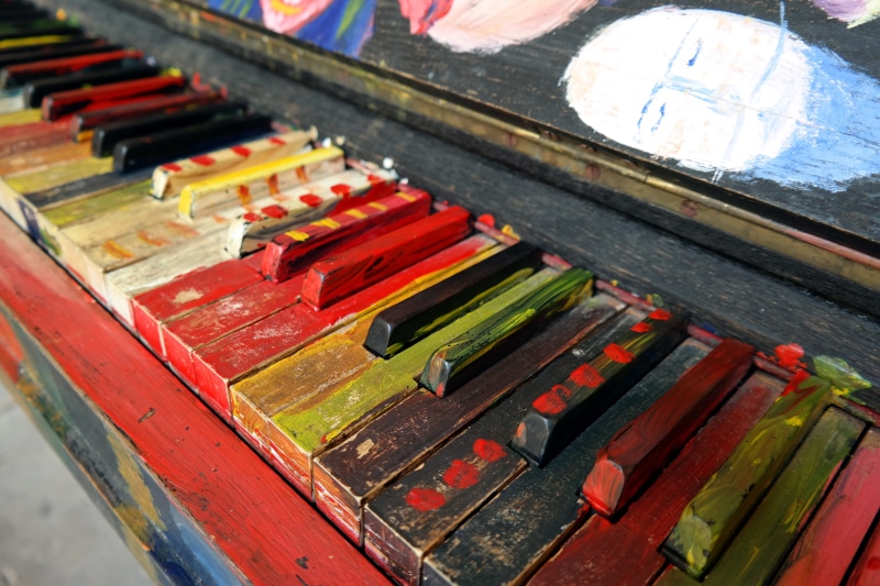colorful, still life, paint, instrument, close-up, play piano, high angle view, indoors, no people, art and craft, container, piano keys, playing the piano