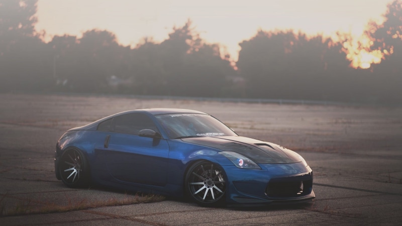 day, transportation, blue cars, blue, nissan, city, Nissan 350Z, tree, profile view, land vehicle, plant, 1080P, road, sunset, no people, vehicle, motor vehicle