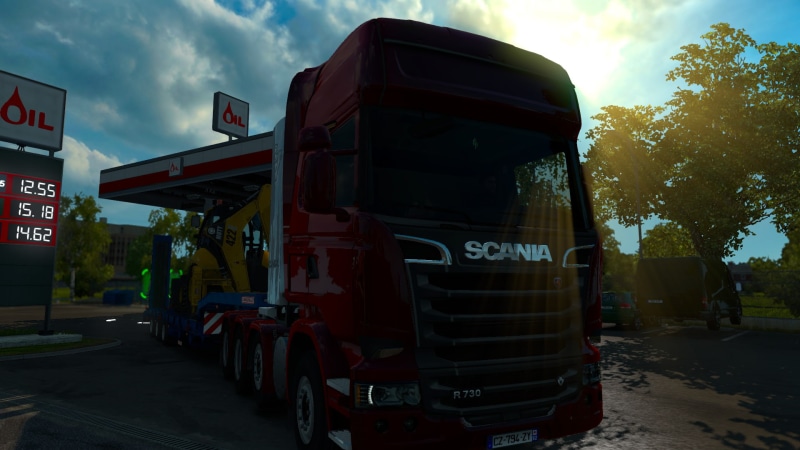 1080P, road, plant, incidental people, land vehicle, stationary, men, euro truck simulator, text, architecture, outdoors, tree, cloud - sky, real people