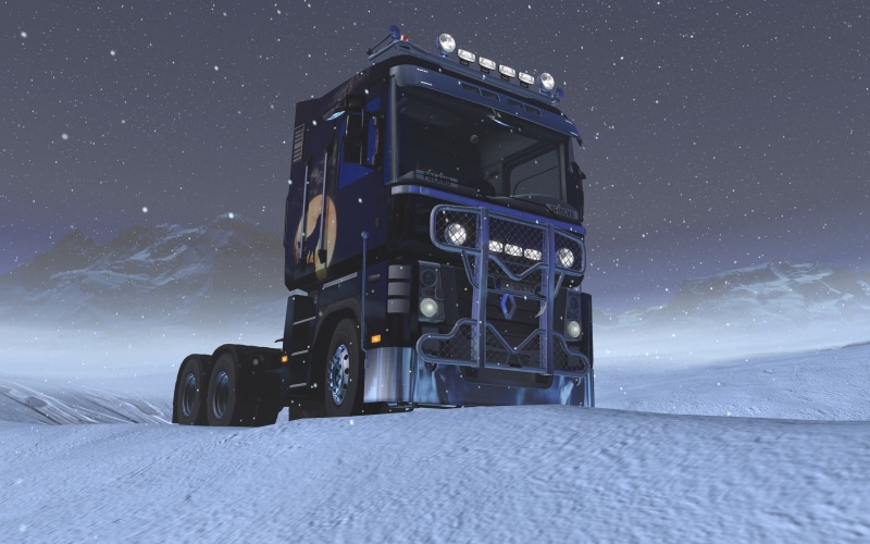 building exterior, architecture, cold temperature, trucks, field, video games, nature, Euro Truck Simulator 2, snowcapped mountain, land, built structure