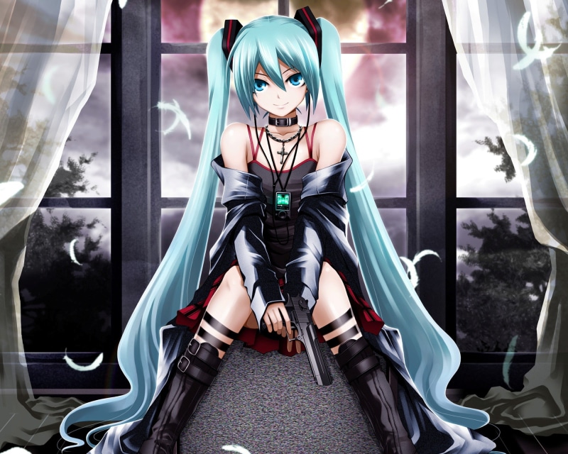 weapons, moons, hair, guns, hd, miku, hatsune, trees, vocaloid, twintails, boots, space, 1080P, moon, feathers, colla, long, cross, sitting, art