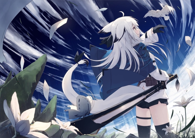no people, creativity, Anime, nature, nautical vessel, transportation, sword, human representation, male likeness, white hair, animal ears, female likeness