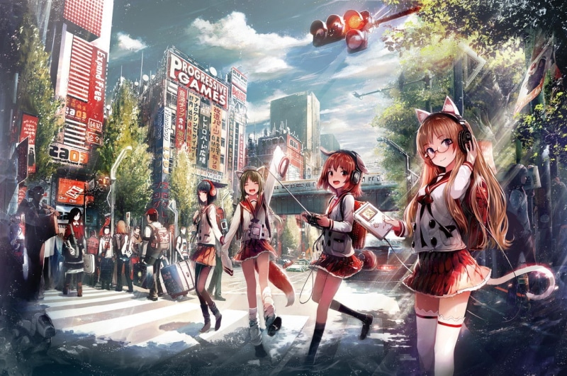 anime girls, crowd, beautiful woman, smiling, animal ears, women, digital composite, fox girl, people, lifestyles, tail, building exterior, young women