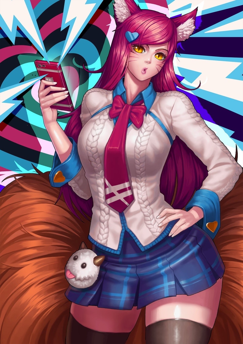 toy, multi colored, yellow eyes, 720P, skirt, women, portrait, anime, people, Ahri (League of Legends), adult, animal ears, beautiful woman, indoors, clothing
