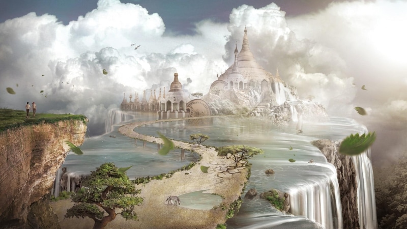 dream, 1080P, clouds, waterfalls, fantasy art, dreamy world, fantasy castle