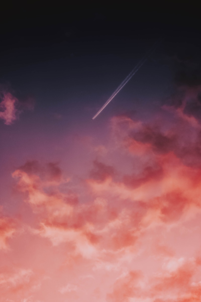 plane, beauty in nature, sky, dreamy, dramatic sky, fly, heaven, pink, vapor trail, nature, storm, transportation, 5K, night, meteorology, cloud - sky
