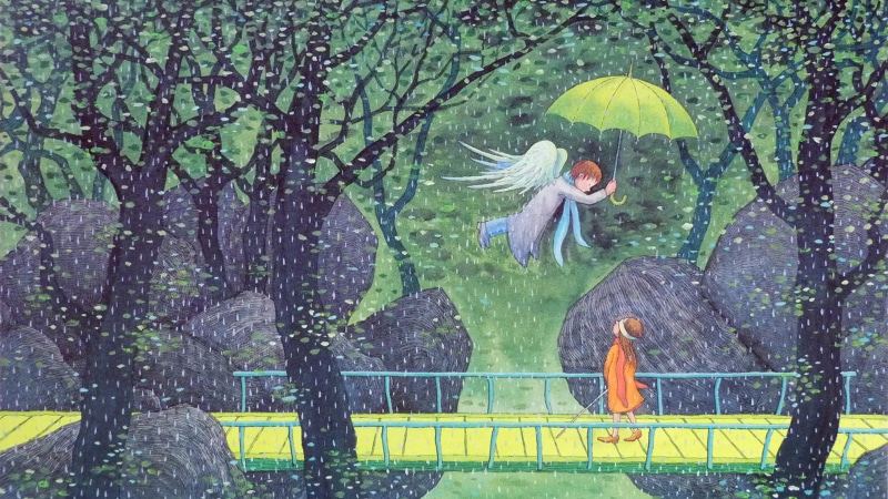 cartoon, fairytale, artwork, drawing, angel, fairytale art, umbrella, tree, tale, art, 4K, rain