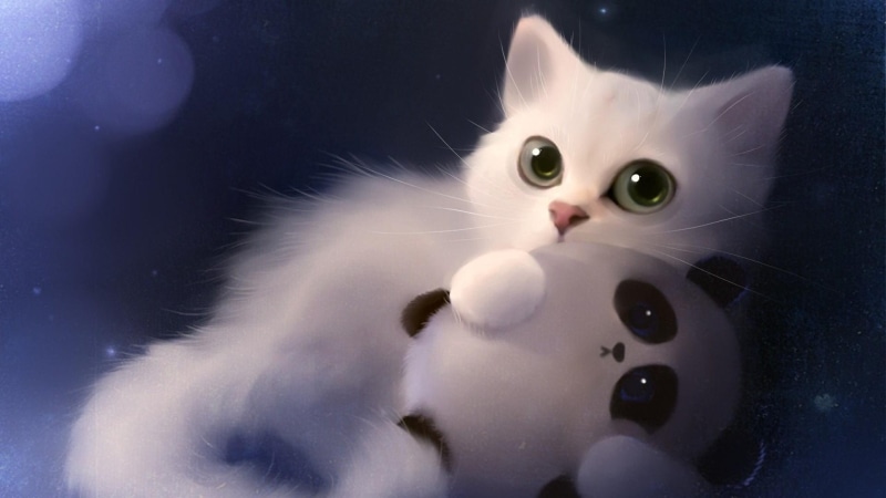 whiskers, fluffy, dreamy, white cat, art, panda, 1080P, artwork, fairytale, kitten, cat, tail