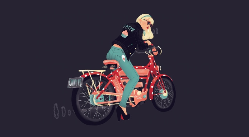 2K, Riding, wonderland, Design, Illustration, Cool, alice, Girl, Drawing, Fairytales, tough, Aero, nowadays, Motorcycle, Modern, Vector Art, Badass, Lady