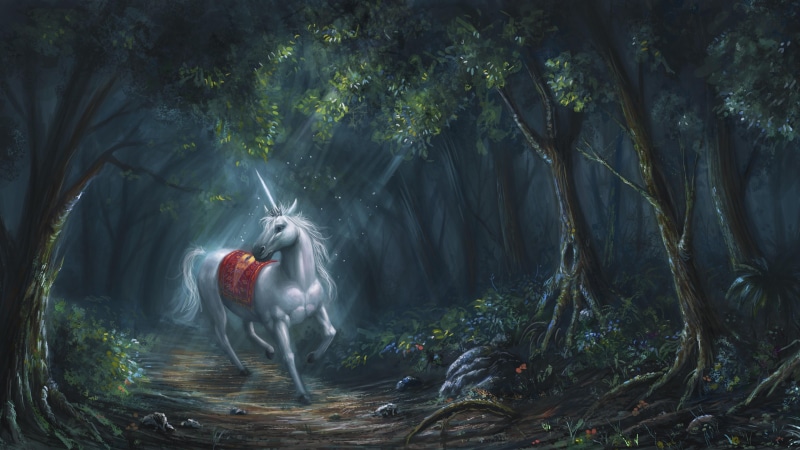 outdoors, beauty in nature, growth, mythology, waterfall, tranquility, phenomenon, fantasy art, tale, one person, woodland, plant, unicorn, long exposure