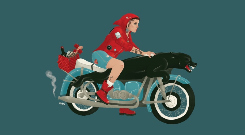 Design, Cool, red, Illustration, tough, Riding, hood, Vector Art, Aero, Fairytales, nowadays, Modern, Girl, Motorcycle, 2K, Lady, Badass, Drawing, RedRidingHood
