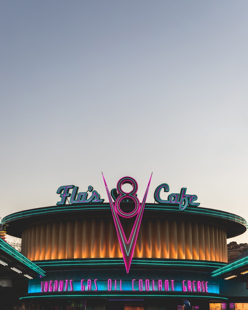 sunset, urban, cars land, amusement park, copy space, communication, neon, office building, architecture, outdoors, indoors, creativity, disney land, western script