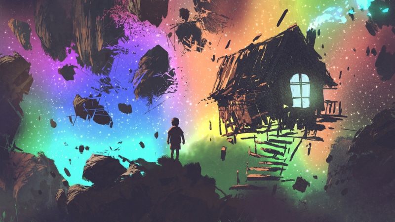 painting, fantasy art, standing, house, imagination, illustration, dark, landscape, 4K, outdoors, rocks, artwork, floating, surreal, stars, colorful