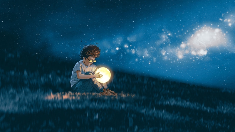 grass, night, children, fantasy art, blue, sitting, 4K, Moon, concept art, painting, sky, imagination, artwork, illustration