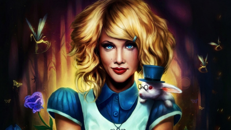 fantasy, blonde, artwork, hd, alice, 1080P, in, wonderland, rabbit, face, drawing, bunny