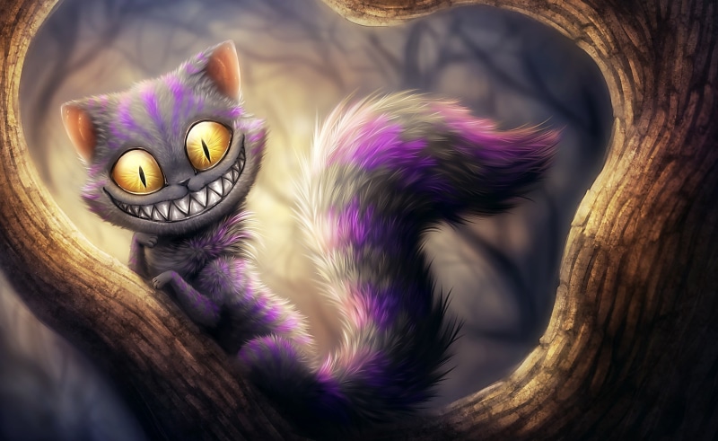 multi colored, alice, cheshire cat, creativity, focus on foreground, mask, representation, multicolored, plant, 2K, animal representation, purple
