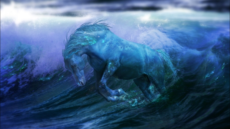 artwork, mystic, 8k uhd, mystical creature, seahorse, wave, horse, sea, imagination, water, blue, art, digital art, sea horse, ocean, 8K, mystical, fantasy